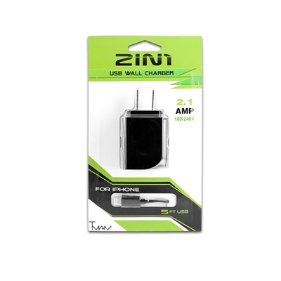 2 IN 1 Wall Charger 2.1 Amp For Apple Lightning iPhone 5/6/7/8 Black (Green PK)