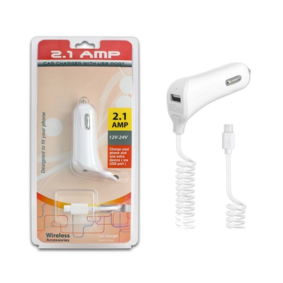 Micro USB Car Charger 2.1 Amp w/USB port,  5ft, 4mm, White