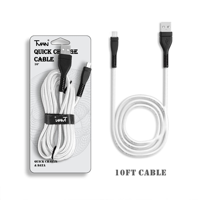 For Micro USB V8 Braided Nylon Cable 10 ft White