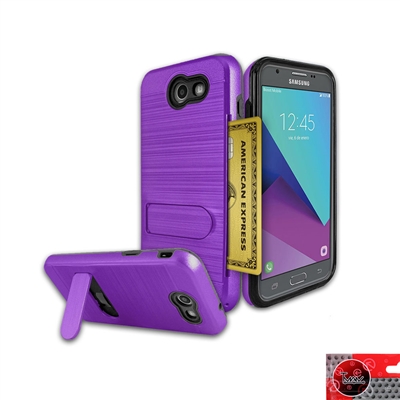 Samsung J3 Prime 2017 / J3 Emerge Metal Brush With Card Slot and Kickstand Hybrid Case HYB09 Purple