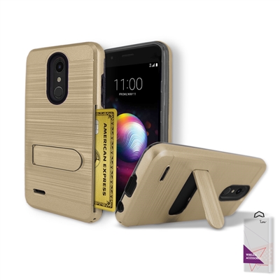 For LG K30 / X410 / Premier Pro L413DL/ K10 (2018) /MS425  Metal Brush With Card Slot and Kickstand Hybrid Case HYB09 Gold