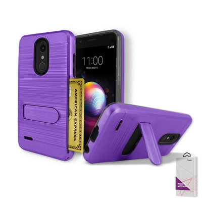 For LG K30 / X410 / Premier Pro L413DL/ K10 (2018) /MS425  Metal Brush With Card Slot and Kickstand Hybrid Case HYB09 Purple