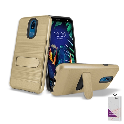 For LG K40 /X420 (MetroPCS/ T-Mobile) Metal Brush With Card Slot and Kickstand Hybrid Case HYB09 Gold