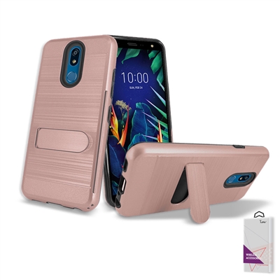 For LG K40 /X420 (MetroPCS/ T-Mobile) Metal Brush With Card Slot and Kickstand Hybrid Case HYB09 Rose Gold