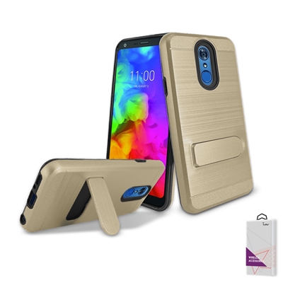 For LG Q7+/ Q7 Plus/ Q610 Metal Brush With Card Slot and Kickstand Hybrid Case HYB09 Gold
