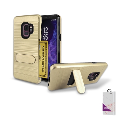 For Samsung Galaxy S9 Metal Brush With Card Slot and Kickstand Hybrid Case HYB09 Gold