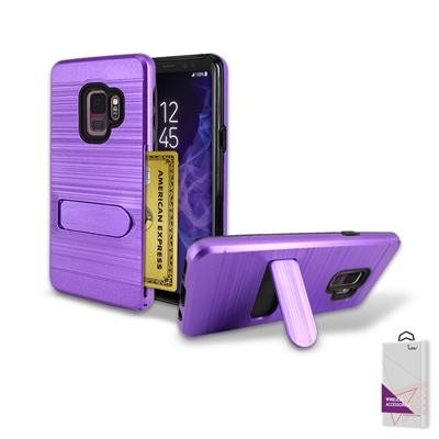 For Samsung Galaxy S9 Metal Brush With Card Slot and Kickstand Hybrid Case HYB09 Purple