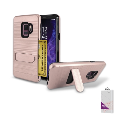 For Samsung Galaxy S9 Metal Brush With Card Slot and Kickstand Hybrid Case HYB09 Rose Gold