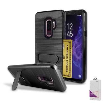 For Samsung Galaxy S9 Plus / S9+ Metal Brush With Card Slot and Kickstand Hybrid Case HYB09 Black