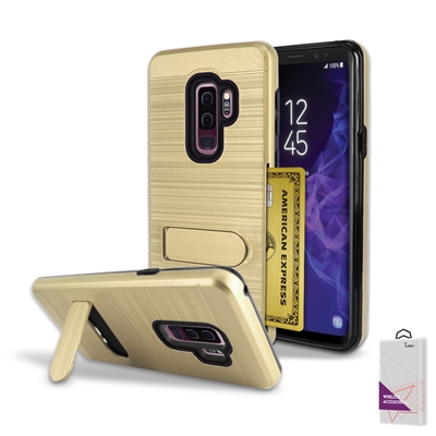 For Samsung Galaxy S9 Plus / S9+ Metal Brush With Card Slot and Kickstand Hybrid Case HYB09 Gold