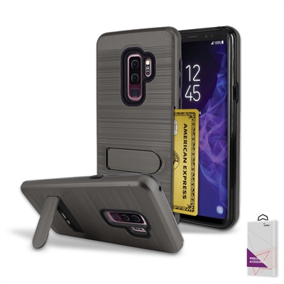 For Samsung Galaxy S9 Plus / S9+ Metal Brush With Card Slot and Kickstand Hybrid Case HYB09 Grey
