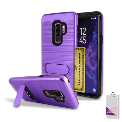 For Samsung Galaxy S9 Plus / S9+ Metal Brush With Card Slot and Kickstand Hybrid Case HYB09 Purple