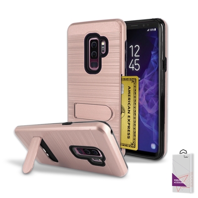 For Samsung Galaxy S9 Plus / S9+ Metal Brush With Card Slot and Kickstand Hybrid Case HYB09 Rose Gold
