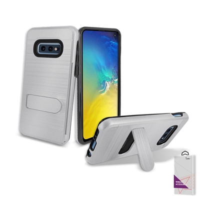 Samsung Galaxy S10 E Metal Brush With Card Slot and Kickstand Hybrid Case HYB09 Silver