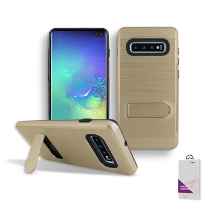 Samsung Galaxy S10 Metal Brush With Card Slot and Kickstand Hybrid Case HYB09 Gold