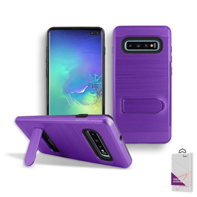Samsung Galaxy S10 Plus/ S10+ Metal Brush With Card Slot and Kickstand Hybrid Case HYB09 Purple