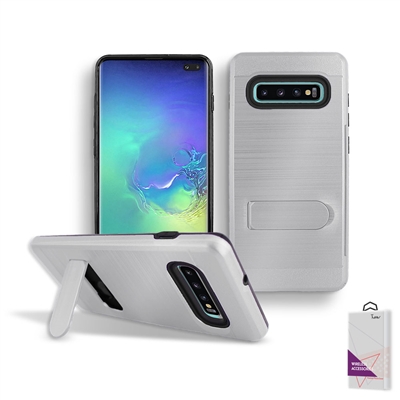Samsung Galaxy S10 Plus/ S10+ Metal Brush With Card Slot and Kickstand Hybrid Case HYB09 Silver
