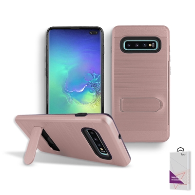 Samsung Galaxy S10 Metal Brush With Card Slot and Kickstand Hybrid Case HYB09 Rose Gold