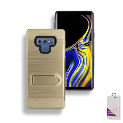 Samsung Galaxy Note 9 / N960 Metal Brush With Card Slot and Kickstand Hybrid Case HYB09 Gold