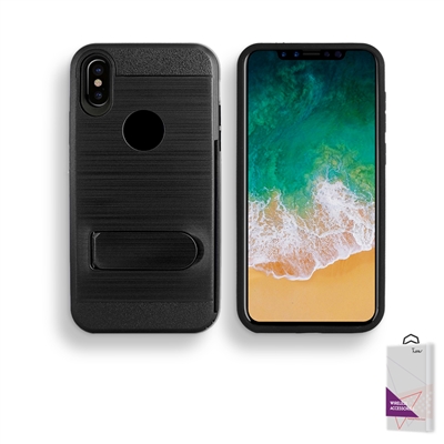 Apple iPhone XR Metal Brush With Card Slot and Kickstand Hybrid Case HYB09 Black