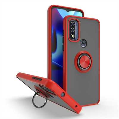 Motorola Moto G Pure / Moto G Power (2022) Matt Clear PC Ring Stand With TPU Bumper Case HYB10 Red