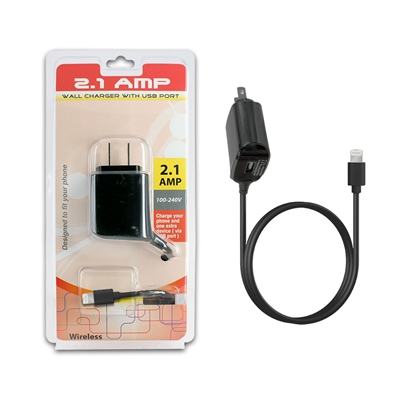 For Apple Lightning Travel Wall Charger 2.1 Amp w/USB port,  5ft, 4mm, Black