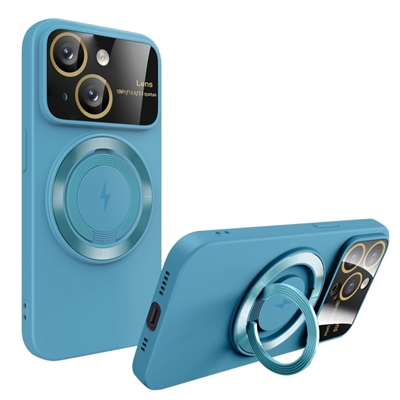 IPHONE 15 PLUS TPU CASE WITH CAMERA COVER &  WIRELESS CHARGING RING STAND SKY BLUE