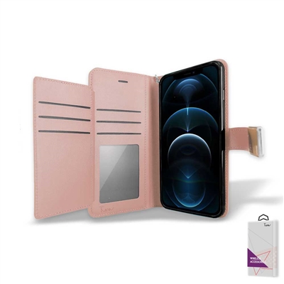 iPhone 12/ iPhone 12 Pro (6.1") Double Folio Flip Leather Wallet Case with Extra Card Slots WC05 Rose Gold