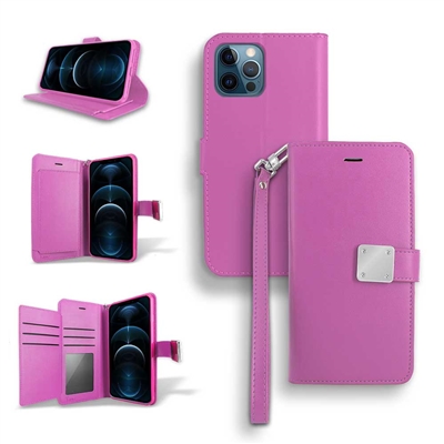 iPhone 13 (6.1") Double Folio Flip Leather Wallet Case with Extra Card Slots WC05 Pink