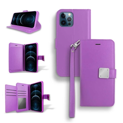 iPhone 13 Pro Max (6.7") Double Folio Flip Leather Wallet Case with Extra Card Slots WC05 Purple