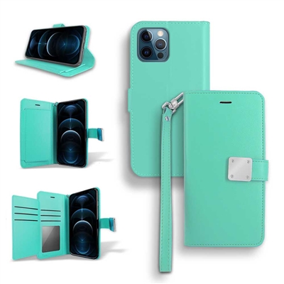 iPhone 14 Pro (6.1") Double Folio Flip Leather Wallet Case with Extra Card Slots WC05 Tiffany Green