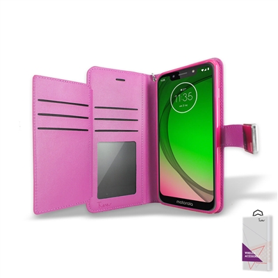 Motorola Moto G7 Play /XT1952 Double Wallet Folio Cover Case with Extra Card Slots WC05 Pink