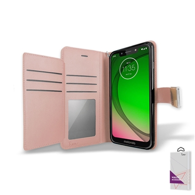Motorola Moto G7 Play /XT1952 Double Wallet Folio Cover Case with Extra Card Slots WC05 Rose Gold