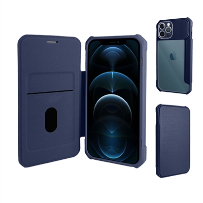 iPhone 12 Pro Max (6.7") Clear Back Folio Flip Leather Wallet Case With Card Slots And Camera Cover WC07 Dark Blue