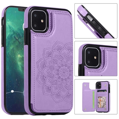 iPhone 14 PLUS (6.7") EMBOSSED CARD HOLDER WALLET CASE WITH MAGNETIC BUTTONS WC08 Purple